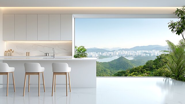 Modern minimalist kitchen with large panoramic window overlooking lush green mountains and city skyline