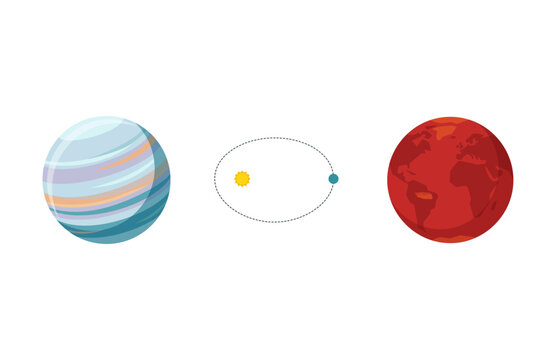 Illustration of planets in orbit around the sun with a moon orbiting a planet