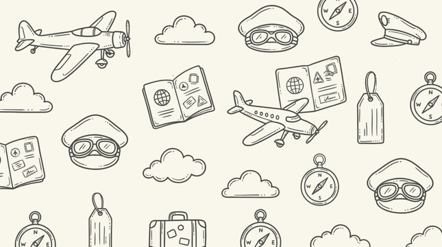 Hand drawn doodle set featuring airplanes, pilot caps, passports, compasses, and clouds in a simple clean black line art style