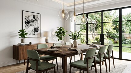 Fototapeta premium Elegant contemporary dining room interior centered around dark oak wood table surrounded by six sage green chairs and glass pendant lights.
