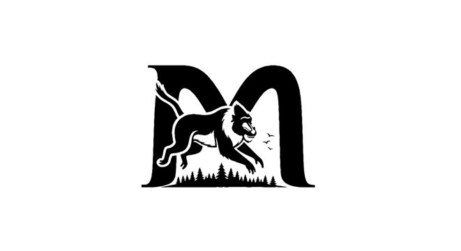 Black and white logo featuring a running wolf and letter M.