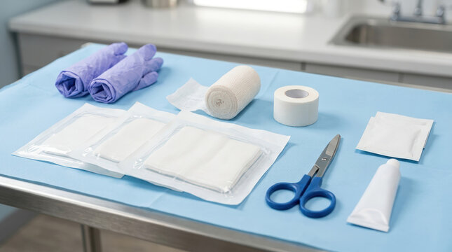 Flat lay of wound dressing supplies on a blue sterile drape. Medical equipment including gloves, bandages, tape, and scissors on a clinic table. First aid preparation