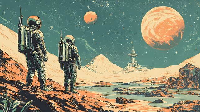Two astronauts stand on a rocky alien planet observing a large moon and distant starbase
