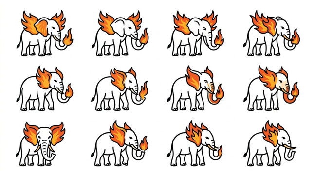 Cartoon elephants with wings and fire tails in various poses.