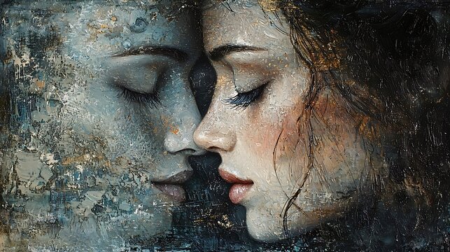 Impressionistic portrait painting of two faces in profile eyes closed tenderly touching noses