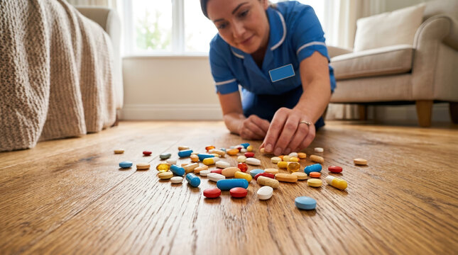 Colorful pills and capsules spilled on a wooden floor. Blurred female nurse in blue scrubs kneeling to pick up scattered medication. Healthcare accident and caregiving concept
