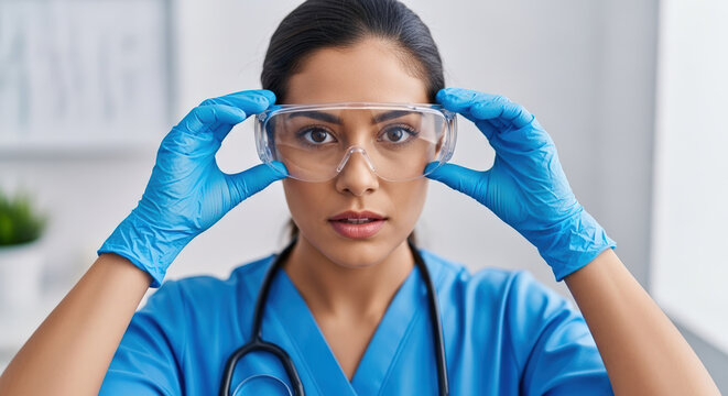 Female nurse adjusting protective goggles in clinic. Healthcare worker wearing blue gloves and PPE. Medical safety and readiness concept
