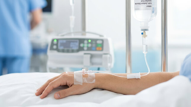 Close up of patient hand with IV catheter for fluid administration. Sodium chloride saline drip bag and infusion pump in hospital room. Intravenous therapy concept