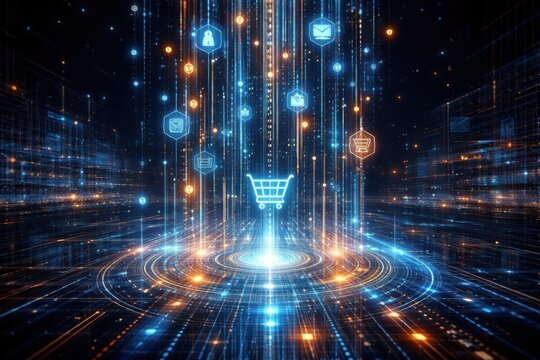 El flujo de comercio digital de alta tecnolog&iacute;a est&aacute; representado por flujos verticales de datos y conexiones