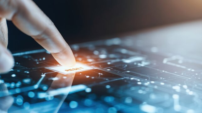 A finger presses a glowing reset button on a sleek control panel. This dramatic image symbolizes restart, recovery, and embracing a fresh technological start.