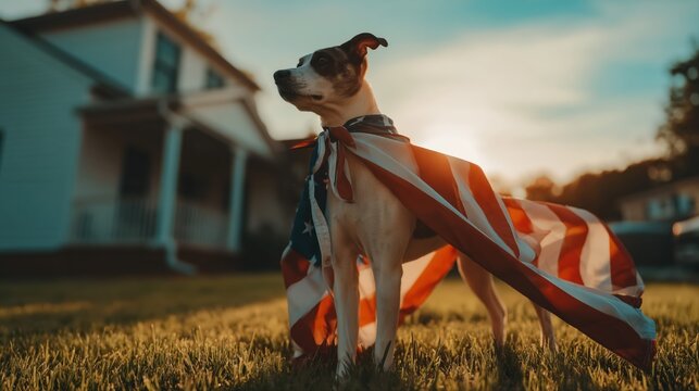 A confident dog with an American flag cape stands in golden hour sunlight on a green suburban lawn. The vibrant scene captures patriotic pride and cinematic suburban charm.