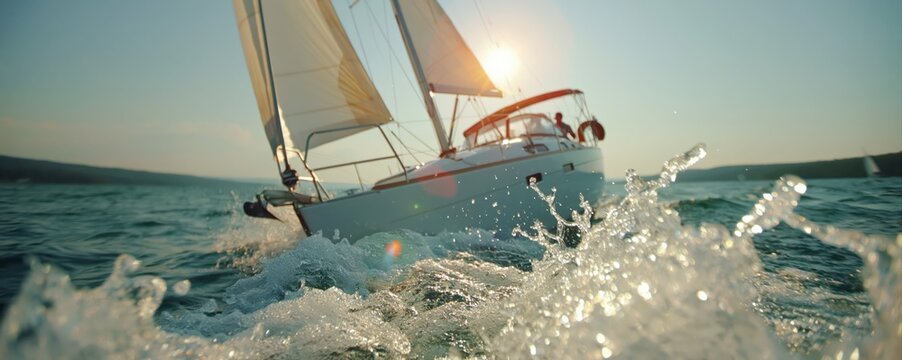 A dynamic sailboat slices through choppy water, sun reflecting off sparkling waves. Immersive perspective captures the luxury and thrill of adventurous yacht sailing.
