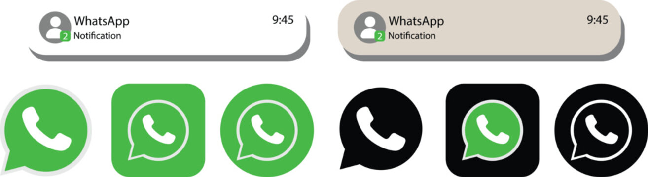 WhatsApp application logo with push notification pop up banners and green and black. Set WhatsApp screen social media and social network interface template. Editorial vector.

