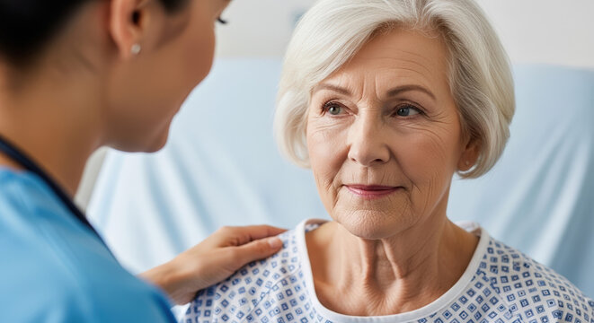 Elderly woman in hospital gown looking at nurse. Senior patient receiving medical care and reassurance in clinic
