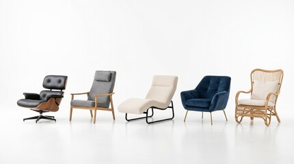Fototapeta premium Five distinct modern armchairs featuring diverse materials like leather wood fabric velvet and rattan are arranged in a horizontal row against a clean white studio background for elegant interior 