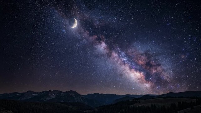 Stunning Milky Way galaxy with crescent moon over mountain landscape at night sky