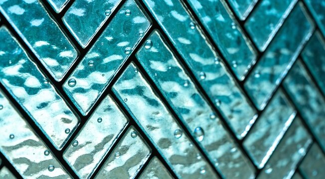 Close-up of blue textured glass tile pattern with water droplets