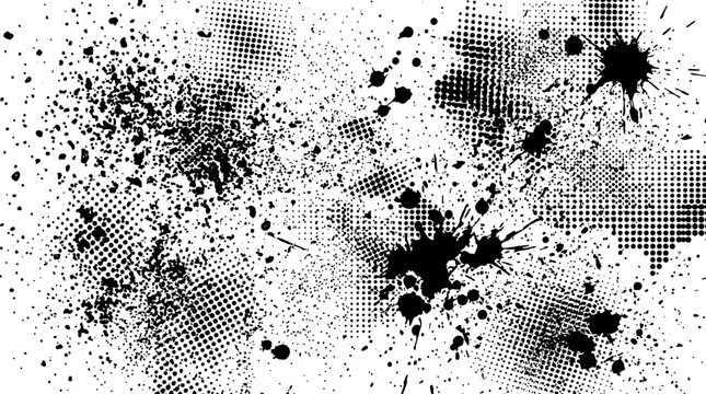 Abstract black ink splatters with grunge halftone dot patterns featuring realistic spray textures and fluid dispersion on white background