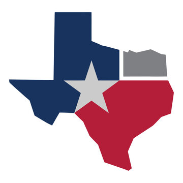 Texas state map with flag colors and white star symbol icon