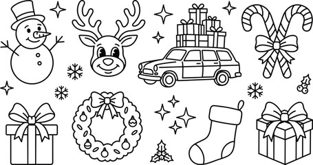 Christmas holiday celebration element doodle set snowman reindeer car with gifts wreath line art vectors © Sabbir Studio