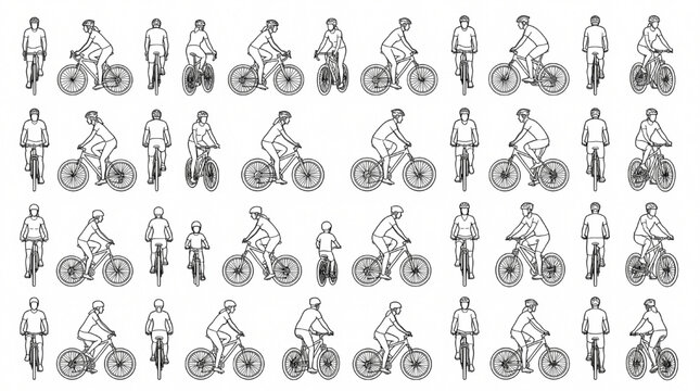 Recreational Cyclist Architectural Scale Figure Library CAD Vector Bicycle Pose Set
