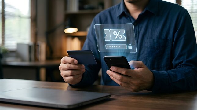 Mobile phone user applying online discount code for secure e-commerce transaction and payment