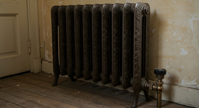 Vintage cast iron radiator against faded wall in a rustic interior  