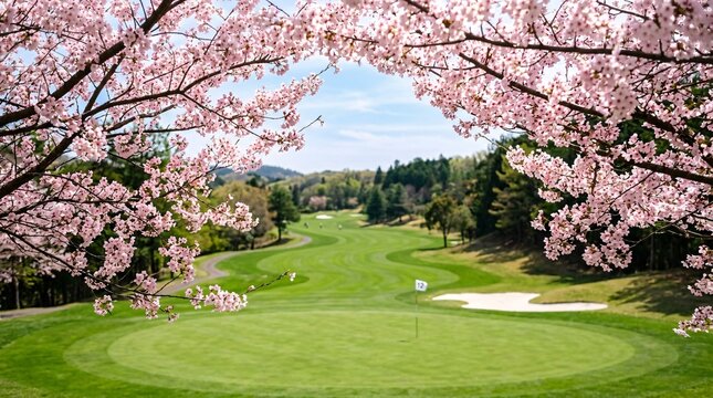 Stunning view of lush green golf course fairway framed by blooming pink cherry blossom branches catching spring sunlight, tranquil setting.
