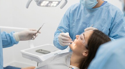Fototapeta premium Over Shoulder Preventive Dental Inspection Under Clean Clinical Light