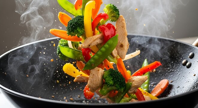 Fresh colorful vegetables and chicken stir fry tossing in a hot black wok. Easy weekday dinners