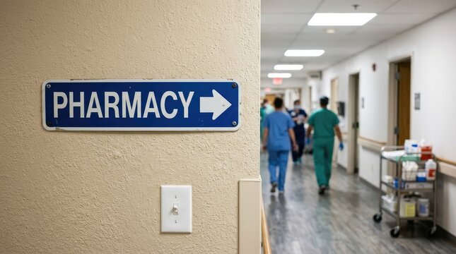 Hospital pharmacy sign pointing down a corridor with medical staff