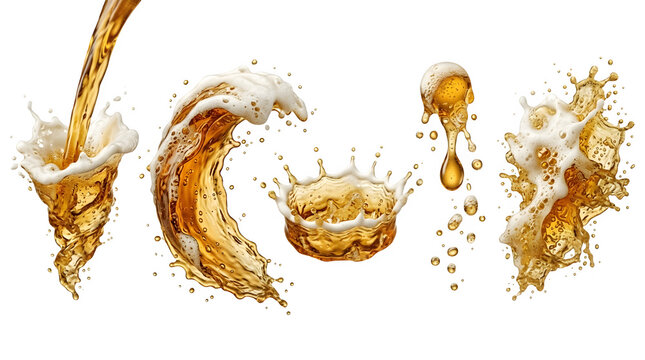 Set of beer splashes and pouring liquid isolated on transparent background