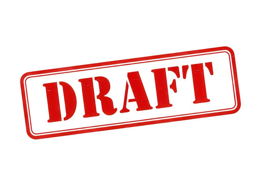 Draft stamp with red diagonal stripes and bold text isolated on transparent background