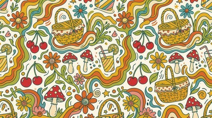Naklejka premium Vibrant retro pattern with picnic baskets, cool drinks, red cherries, and spotty mushrooms