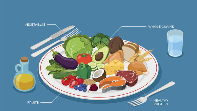 Isometric illustration of a healthy eating plate with balanced food groups and nutritional labels.