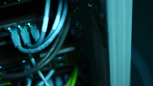 Ethernet 10/100/1000 Mbps, close up RJ45 and cables.