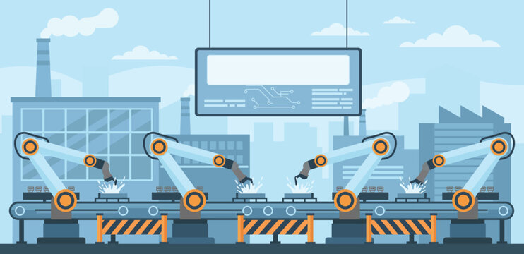 Smart factory automation with robotic arms operating on industrial assembly line in modern manufacturing plant and Industry 4.0 technology concept