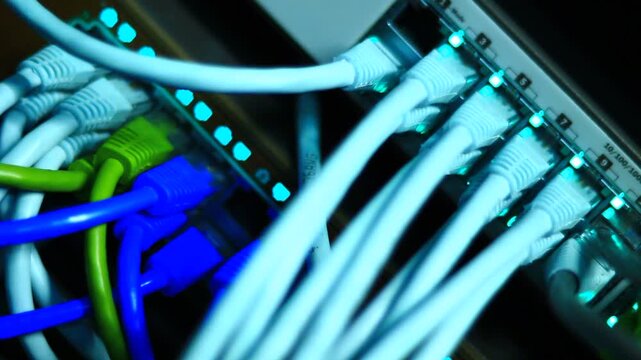 Ethernet 10/100/1000 Mbps, close up RJ45 and cables.