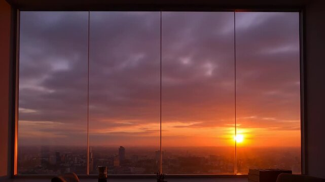 Golden sun setting over a sprawling city skyline viewed from a highrise window. Dramatic sky transitions from bright to dark.