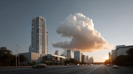 Obraz premium City skyline cloud computing campus urban road tower Modern cloud computing campus connected to urban skyline with dramatic cloud over road sunset