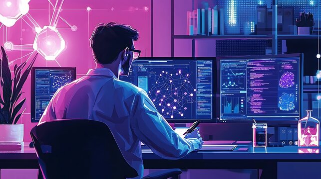 Man in glasses working on multiple computer screens displaying code data and network diagrams