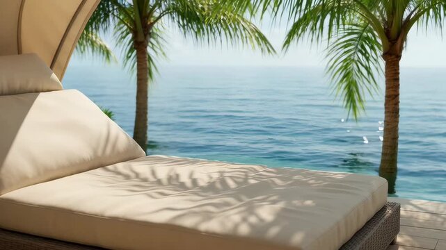 Empty lounge chair with canopy overlooking a calm ocean. Tropical palm trees sway gently in the background.