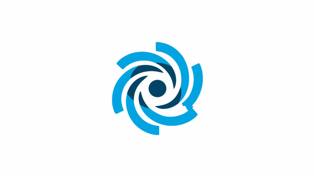 Blue geometric cyclone swirl logo with center circle.