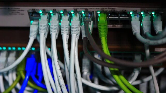 Ethernet 10/100/1000 Mbps, close up RJ45 and cables.