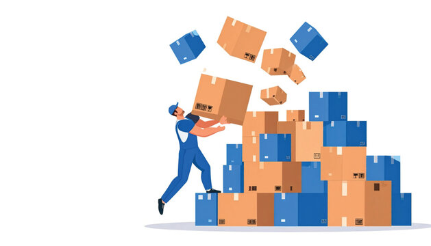 Man in blue moving stacked boxes.