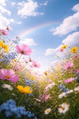 Fototapeta premium Vibrant meadow under rainbow sky.