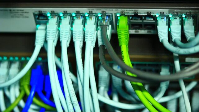 Ethernet 10/100/1000 Mbps, close up RJ45 and cables.