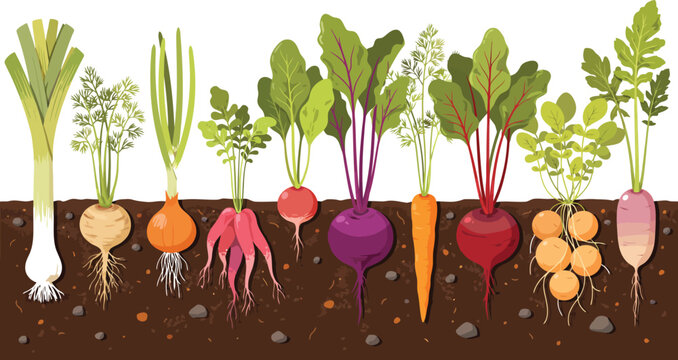 Illustration of various vegetables growing in soil