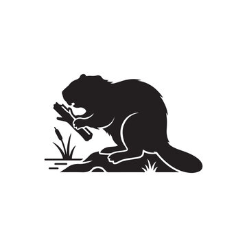 Black silhouette of a beaver holding a wooden stick, isolated on a white background, of a rodent animal for usage