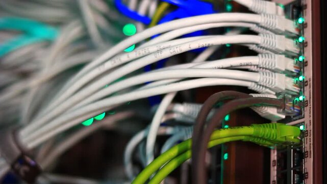 Ethernet 10/100/1000 Mbps, close up RJ45 and cables.